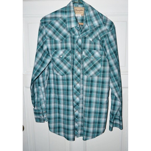 Wrangler Retro Western Shirt Mens M green Plaid Pearl Snap Cowboy Pockets - Picture 6 of 6